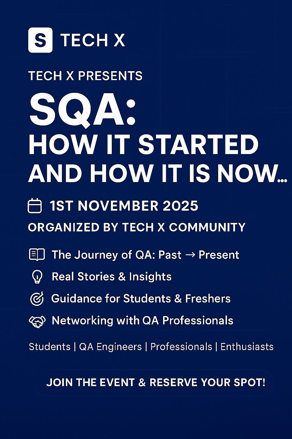 Tech X poster: SQA, How It Started and How It Is Now, 1 November 2025, organised by Tech X Community