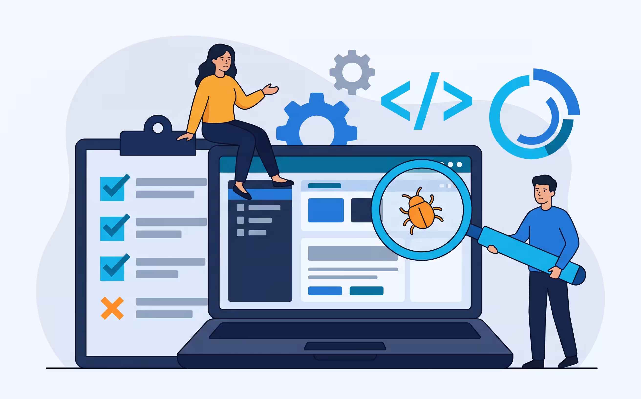 Illustration: two testers at a laptop, one beside a checklist of passed and failed tests, one holding a magnifying glass over a bug on the screen