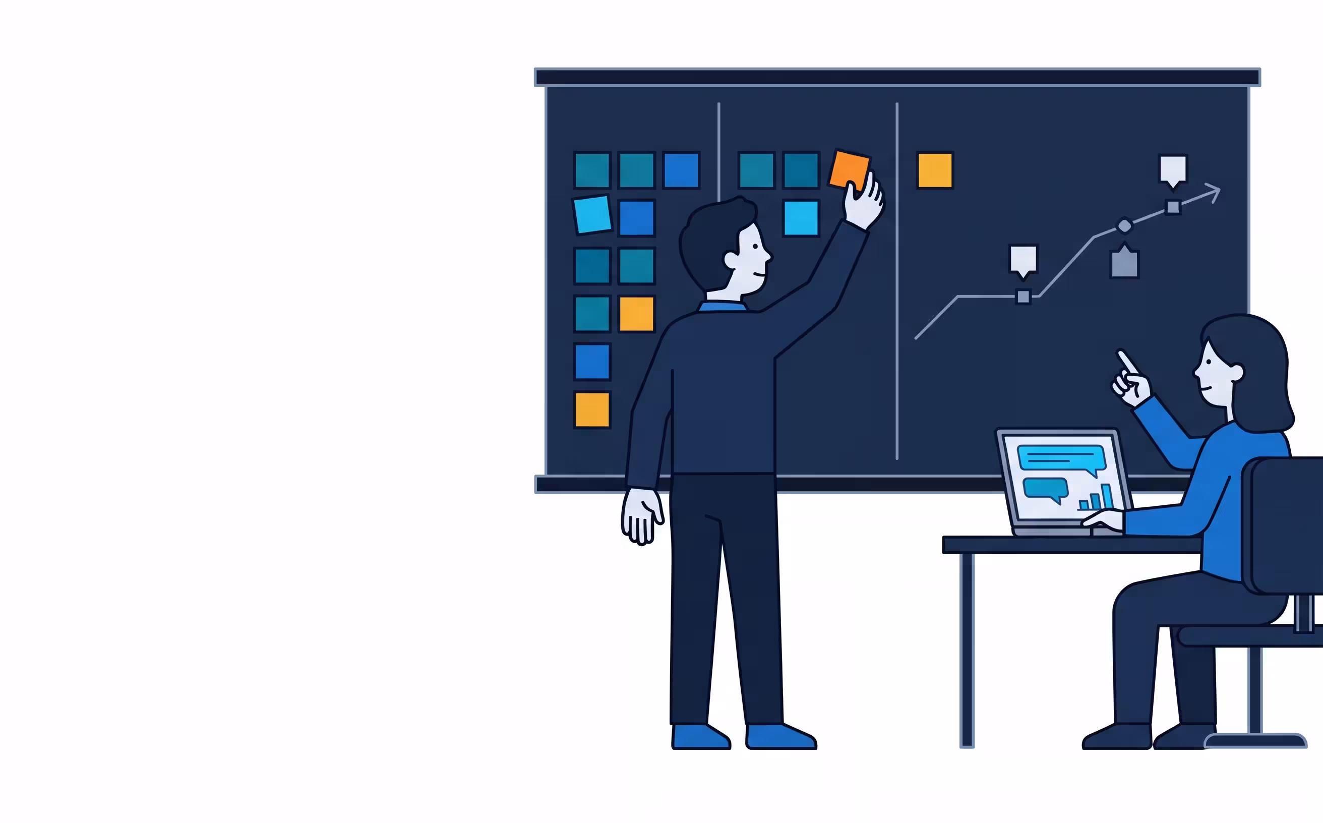 A student in silhouette at a laptop in front of a whiteboard full of notes