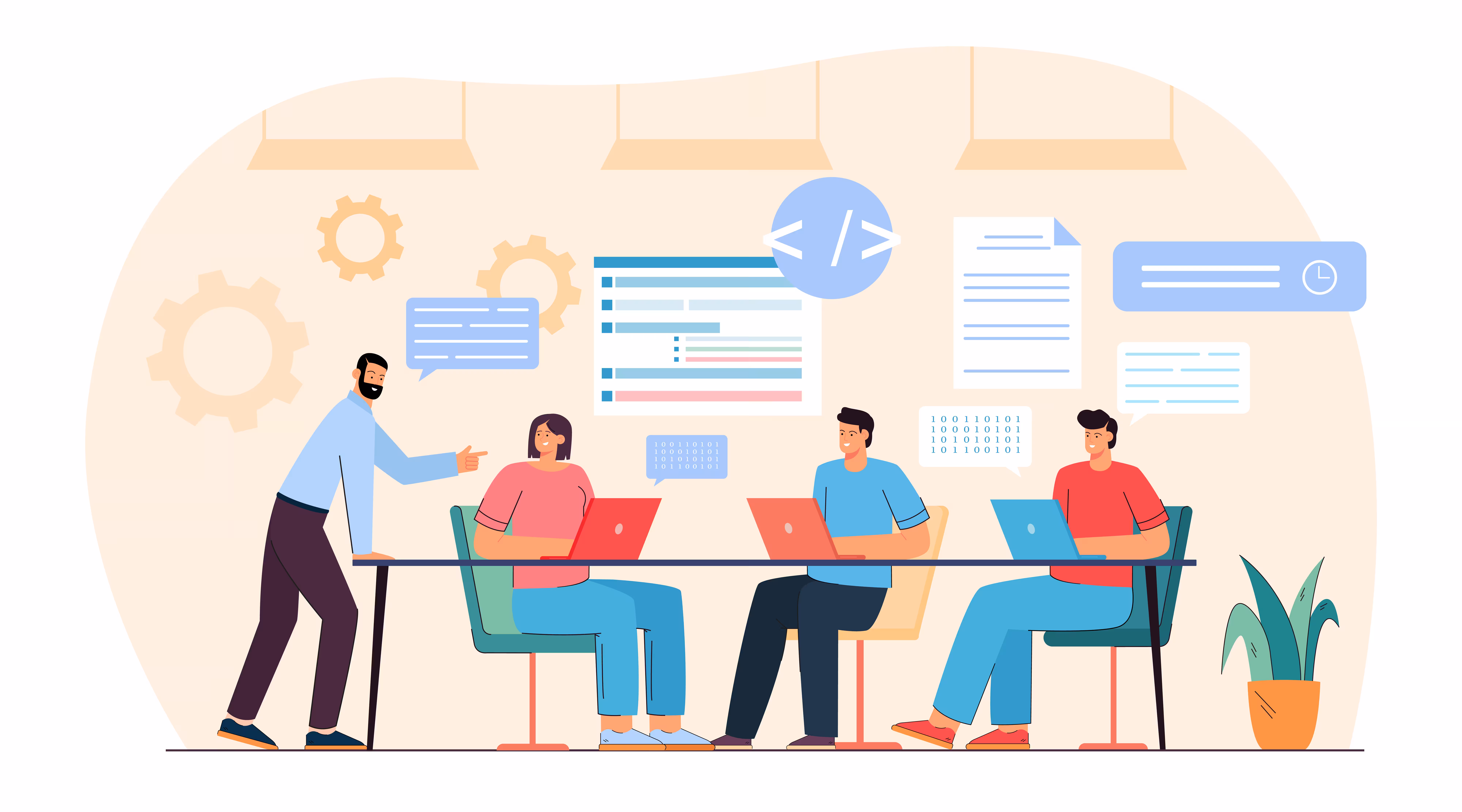 Illustration: a lead pointing the way for three engineers working on laptops at one shared table